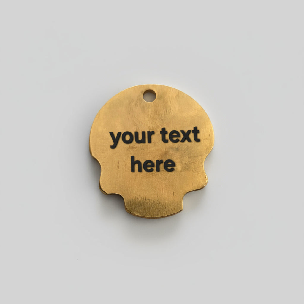 Wooden tag with 'your text here' text on a wooden surface