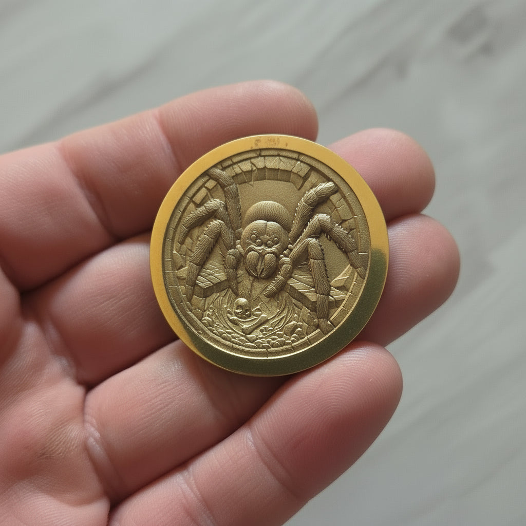 Gold coin with intricate design held in a hand against a light background