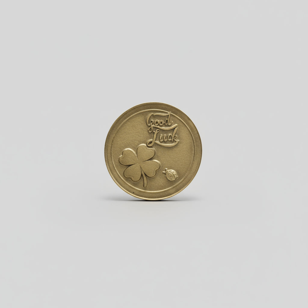 Hand holding a gold coin with a clover design on a light wooden surface