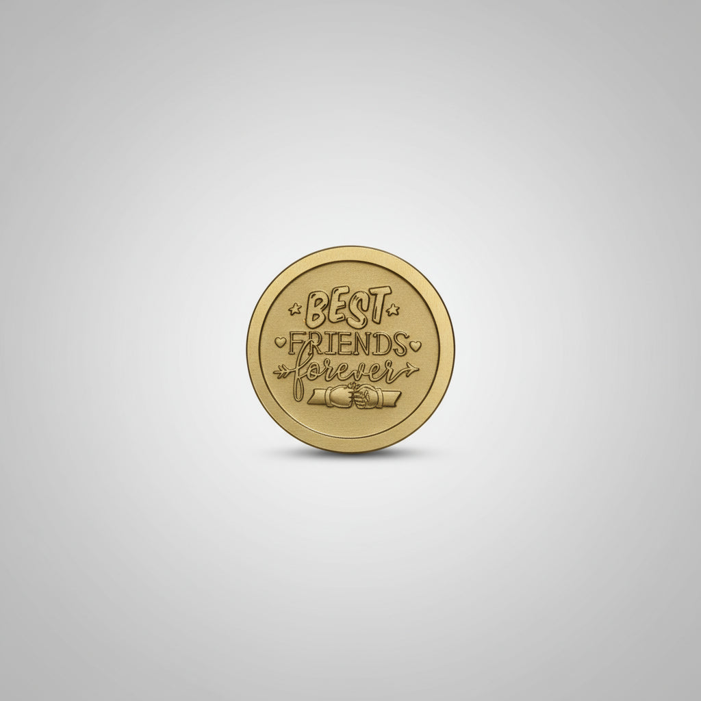 Hand holding a gold coin with intricate designs on a light wooden surface