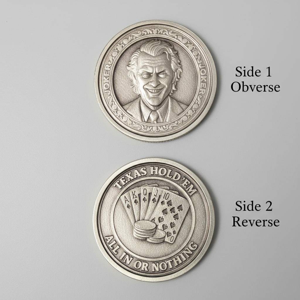 Two silver coins with a portrait and poker-themed design on a textured gray background
