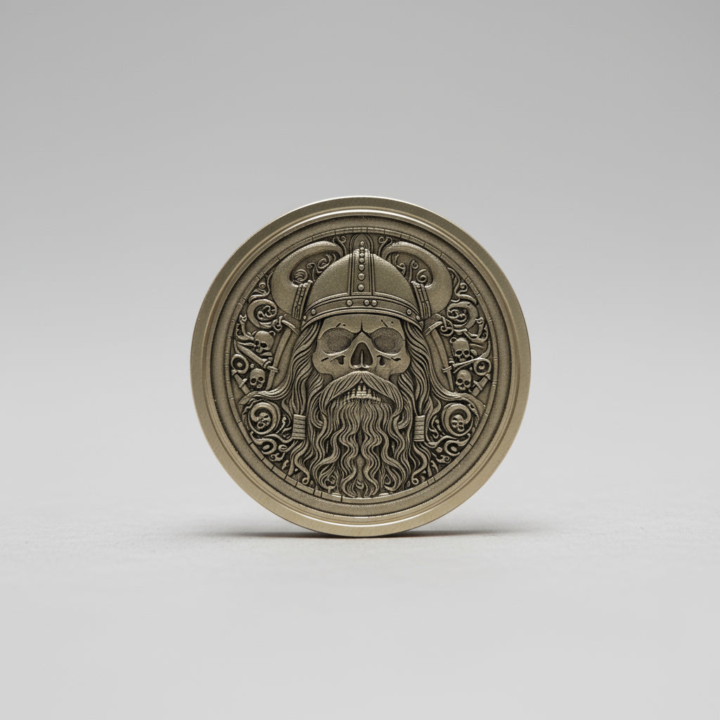 Viking Skull with Horned Helmet Brass Challenge Coin