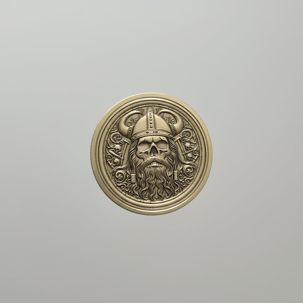 Viking Skull with Horned Helmet Brass Challenge Coin