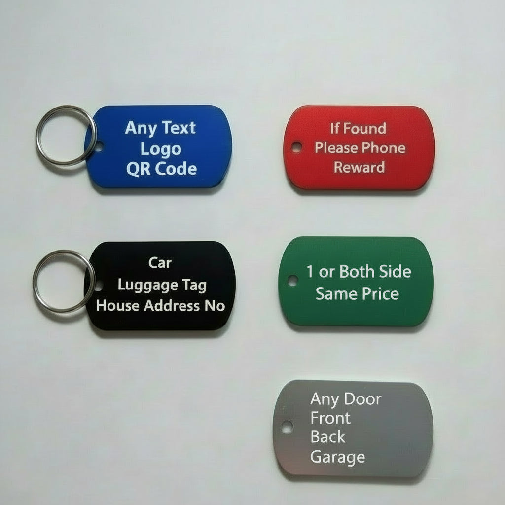 Engraved Aluminium Key Tags – Personalised Laser Etched Fobs, 9 Colours, Single or Double Sided