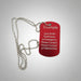 Red tag with silver chain on a light wooden surface