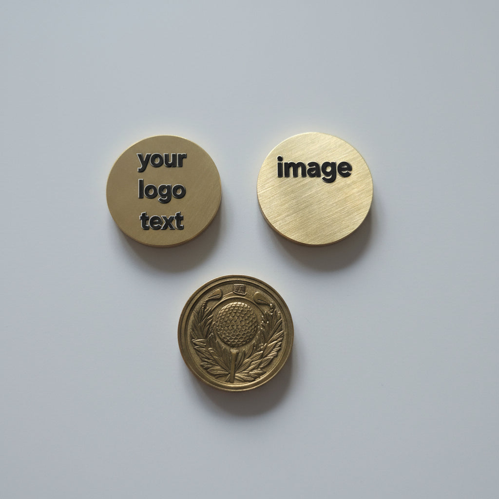 Three round brass stickers with text on a gray surface