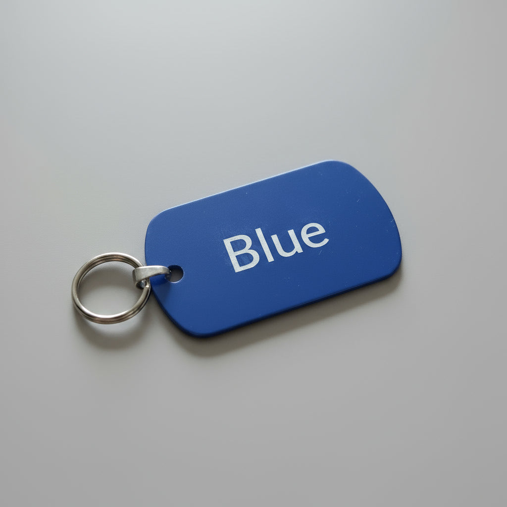 Blue tag with 'Blue' text on a gray surface