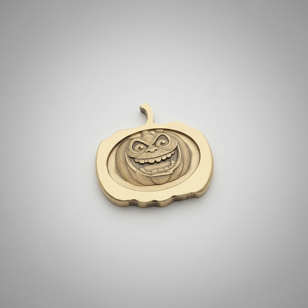 Decorative metal object with intricate design on a gray surface