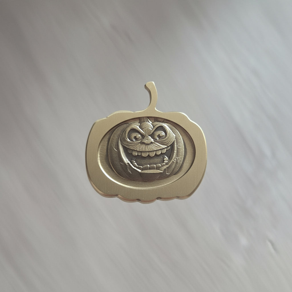 Hand holding a brass key with a decorative design against a neutral background