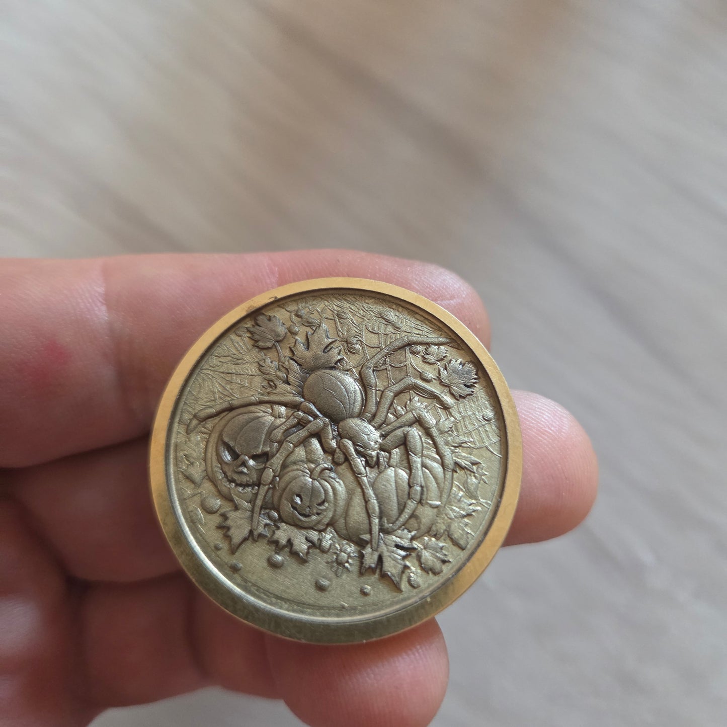 Spiders and Pumpkin Halloween Brass Challenge Coin