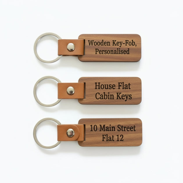Three wooden keychains with engraved text on a gray surface