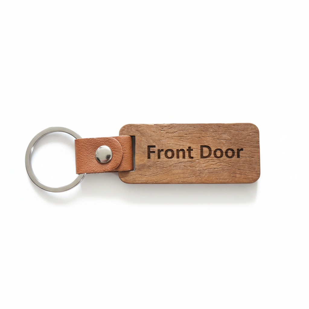 Personalised Engraved Wooden Key Tag Keyring (62×27mm) – 30mm Hoop