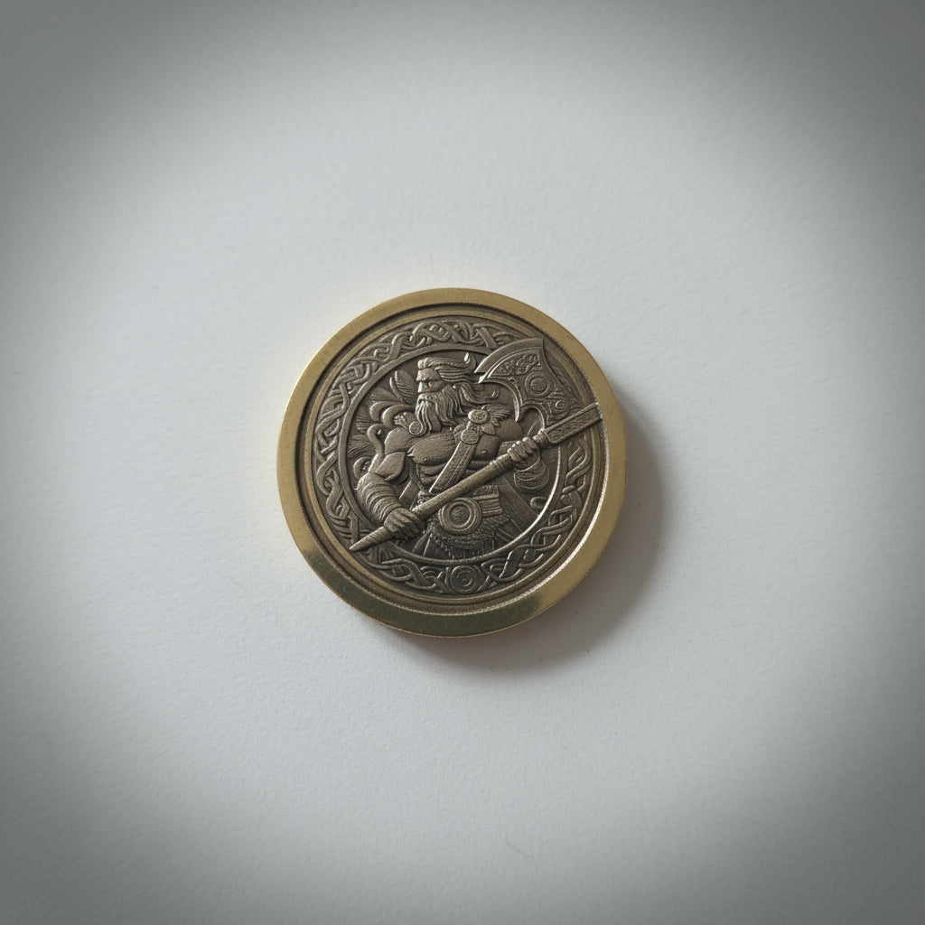 Silver coin with intricate design on a light gray surface