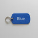 Blue tag with 'Blue' text on a gray wooden surface