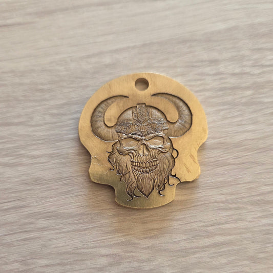 Brass Shapes Skull Keyring with Horned Viking Embossed Skull