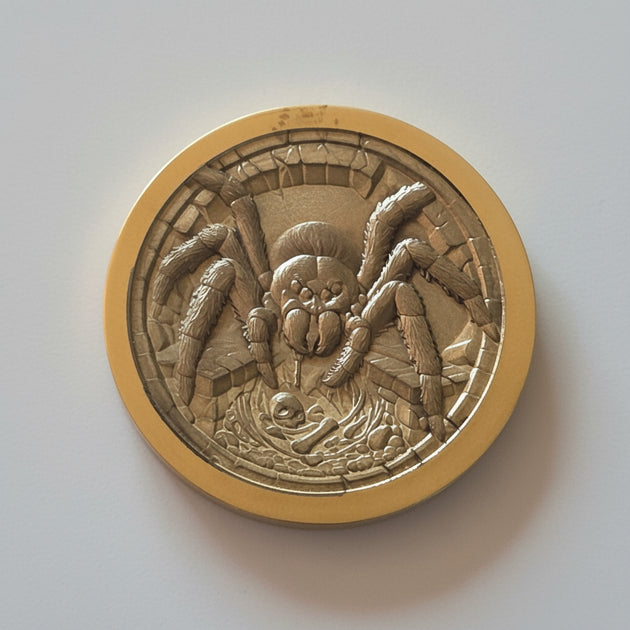 Bronze coin with intricate design on a wooden surface