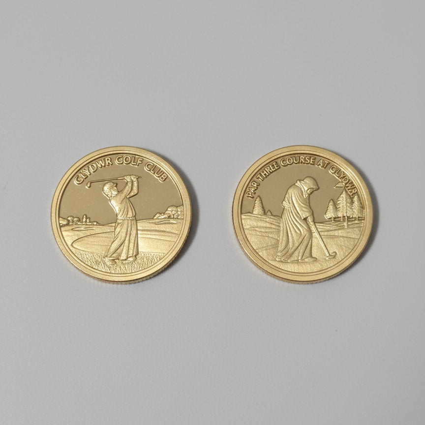 Two gold coins with a person's profile on a textured gray surface