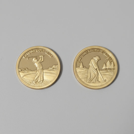 Two gold coins with a person's profile on a textured gray surface