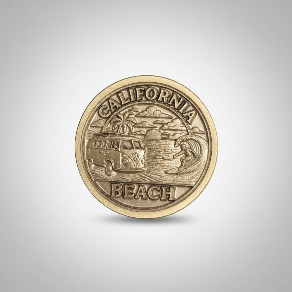 Gold coin with 'California Beach' text held in a hand against a gray background