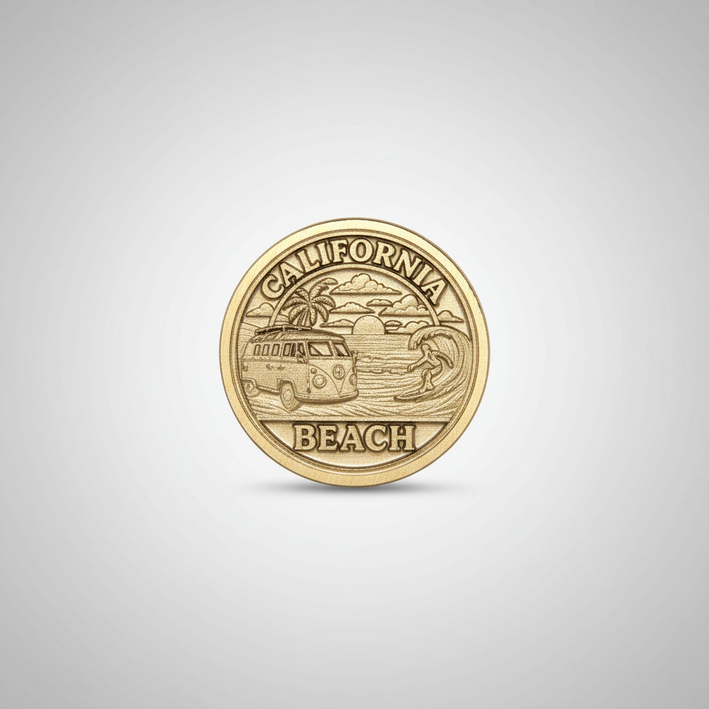 Coin with 'California Beach' text on a textured gray surface
