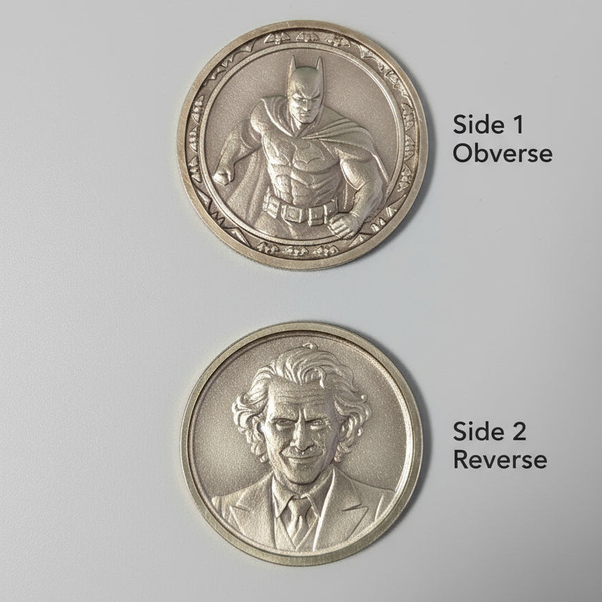 Two silver coins featuring portraits on a textured gray background