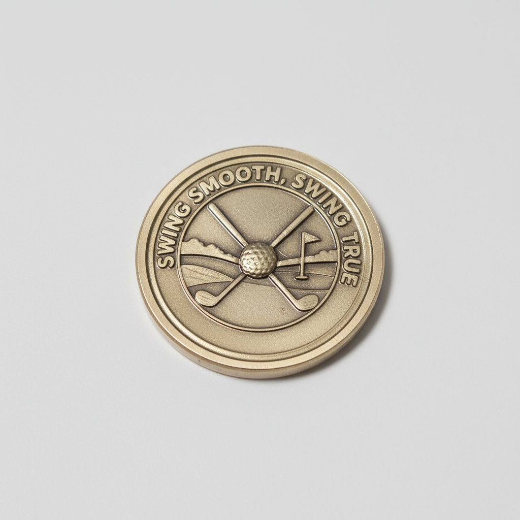 Metallic coin with a design on a textured gray background