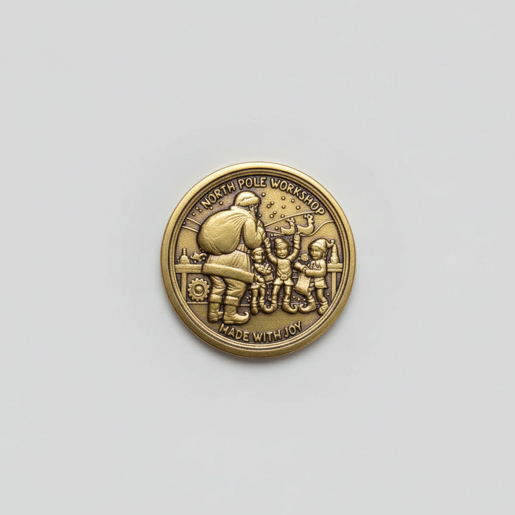 Silver coin with a design of Santa Claus and Elves on a white background