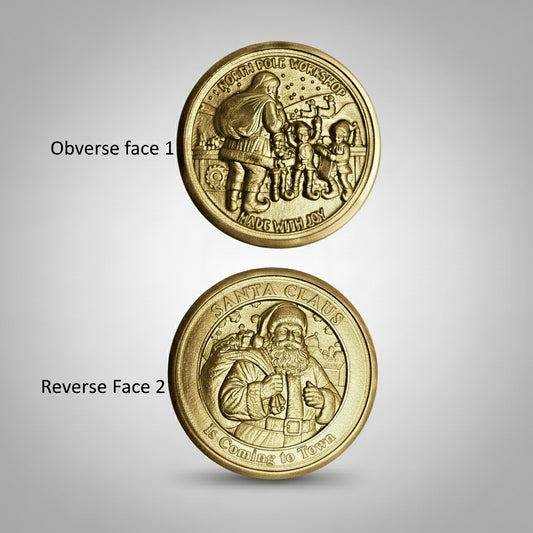 40mm Brass Santa Coin – Double-Sided Embossed Christmas Collectible Gift Token