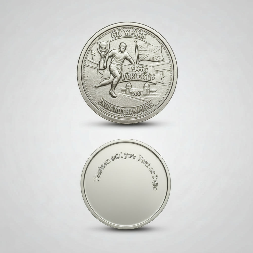 Silver coin with engraved design on a wooden surface