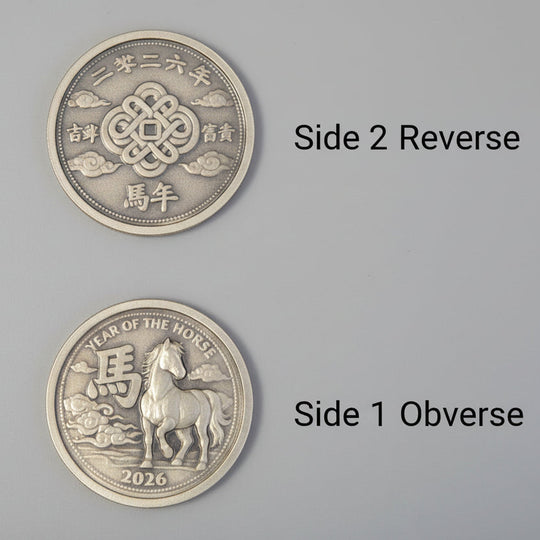 Two sides of a coin with horse design on a gray background