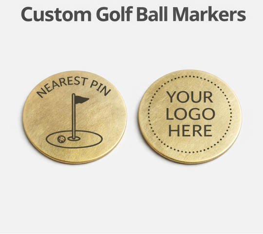 Two custom golf ball markers with one displaying 'Nearest Pin' and the other with 'Your Logo Here' text.