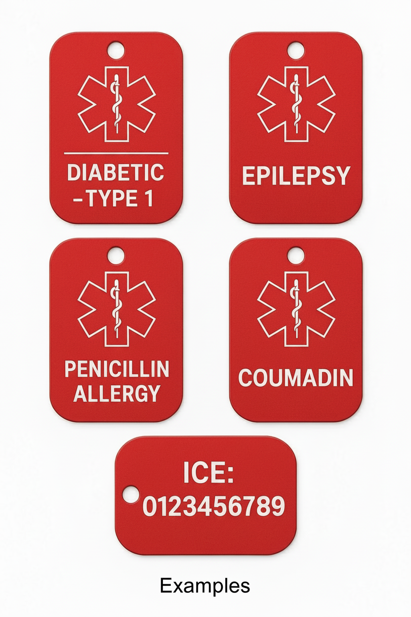 Set of red medical alert tags with different allergies and conditions on a white background
