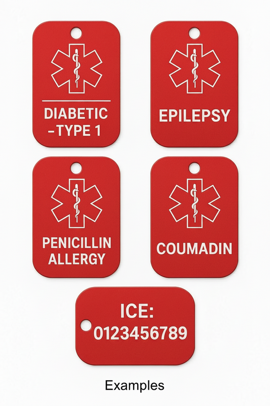 Set of red medical alert tags with different allergies and conditions on a white background