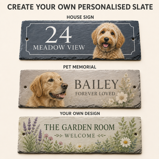 Examples of a house sign, pet memorial and custom garden plaque