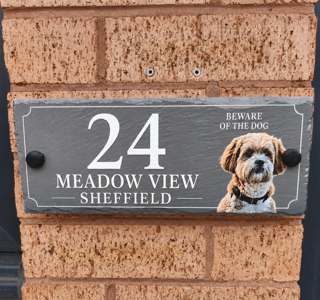 Personalised full-colour slate sign with fictional house number and dog