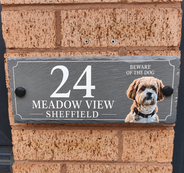 Personalised full-colour slate sign with fictional house number and dog