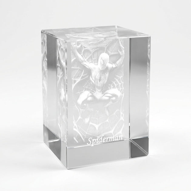 Clear crystal block with Spiderman design on a white background