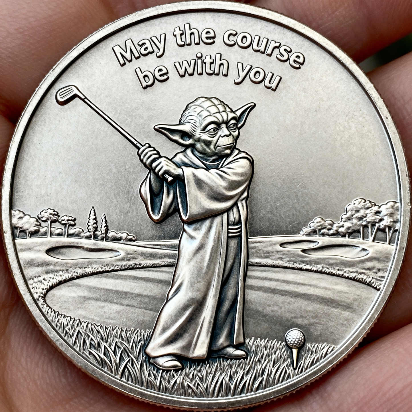 Silver coin with Yoda playing golf and 'May the course be with you' text